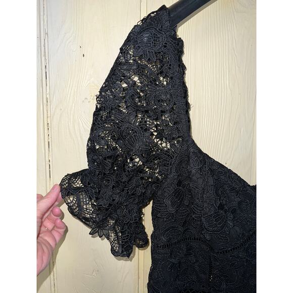 Bardot Dress Womens 12 Sexy Black Lace Puff Sleeve Tiered Mini Party Cocktail - Picture 7 of 14